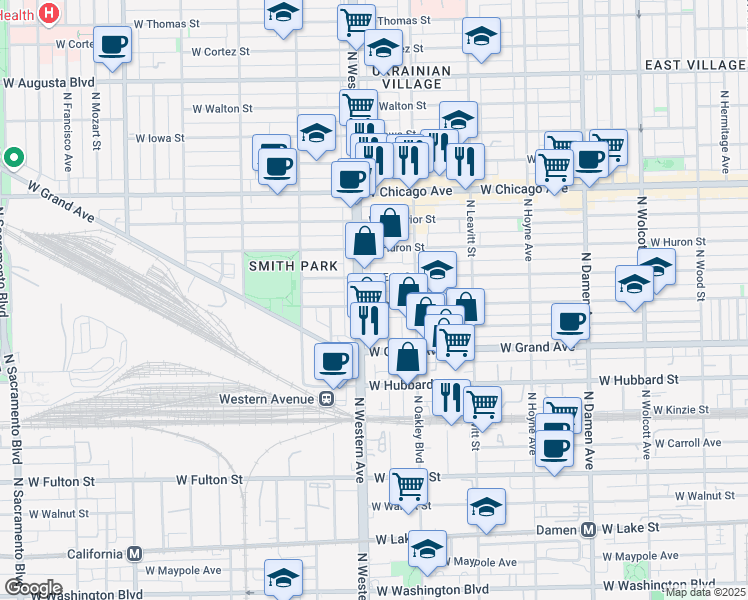 map of restaurants, bars, coffee shops, grocery stores, and more near 536 North Claremont Avenue in Chicago