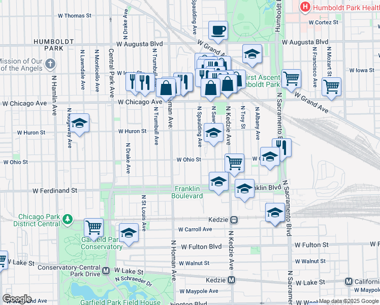 map of restaurants, bars, coffee shops, grocery stores, and more near 3314 West Ohio Street in Chicago