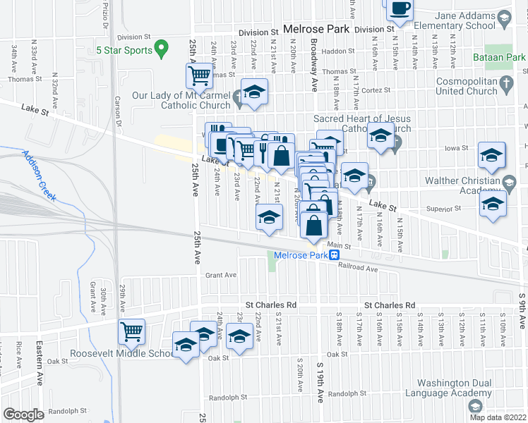 map of restaurants, bars, coffee shops, grocery stores, and more near 116 North 21st Avenue in Melrose Park