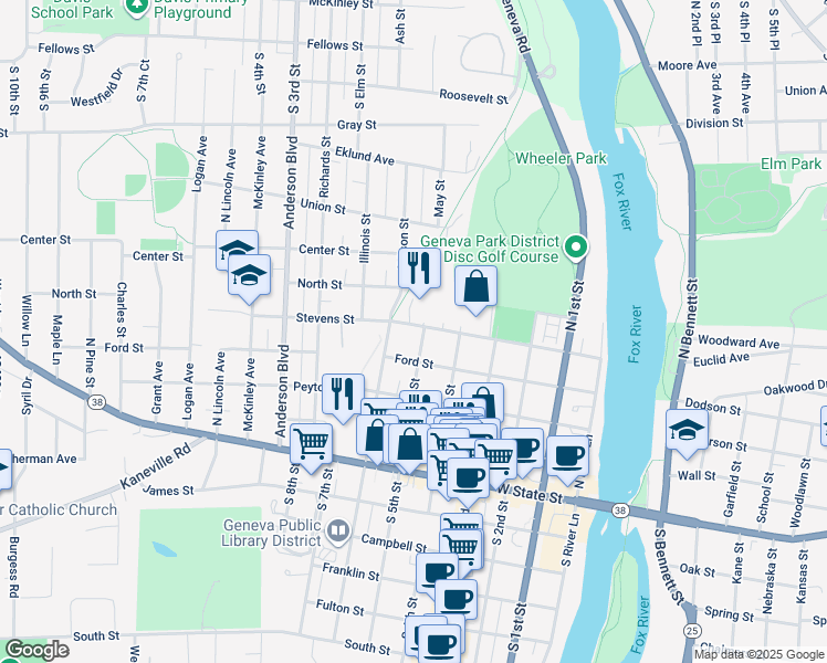 map of restaurants, bars, coffee shops, grocery stores, and more near 317 North 5th Street in Geneva