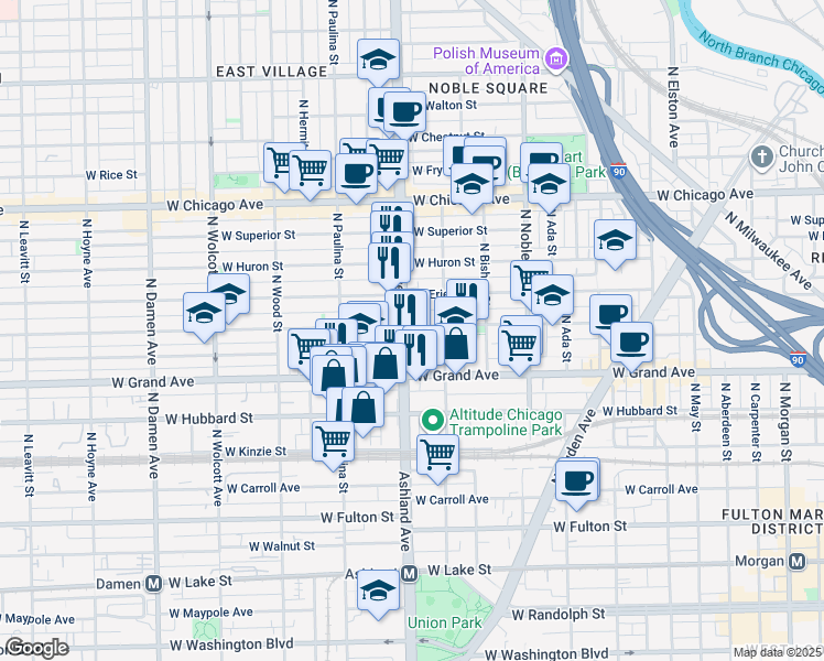map of restaurants, bars, coffee shops, grocery stores, and more near 532 North Ashland Avenue in Chicago