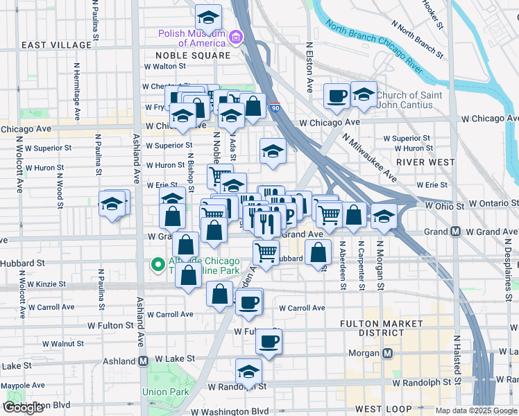 map of restaurants, bars, coffee shops, grocery stores, and more near 525 North Ada Street in Chicago