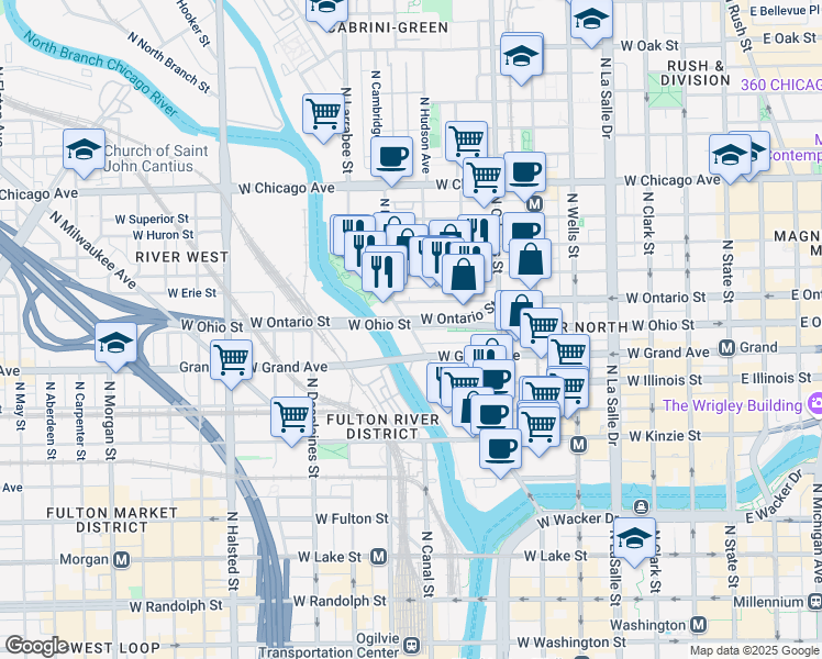 map of restaurants, bars, coffee shops, grocery stores, and more near West Ohio Street in Chicago