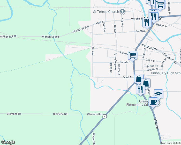 map of restaurants, bars, coffee shops, grocery stores, and more near O Dell St in Union City
