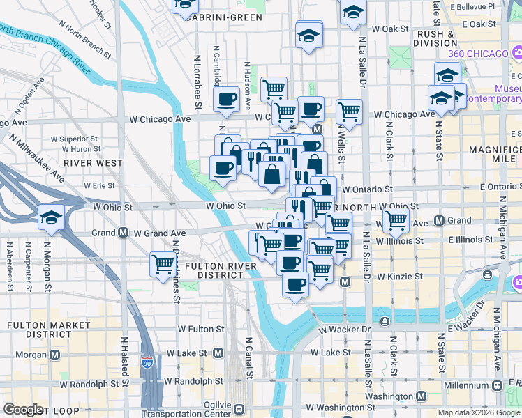 map of restaurants, bars, coffee shops, grocery stores, and more near West Ohio Street in Chicago