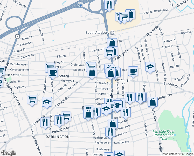 map of restaurants, bars, coffee shops, grocery stores, and more near 367 Benefit Street in Pawtucket
