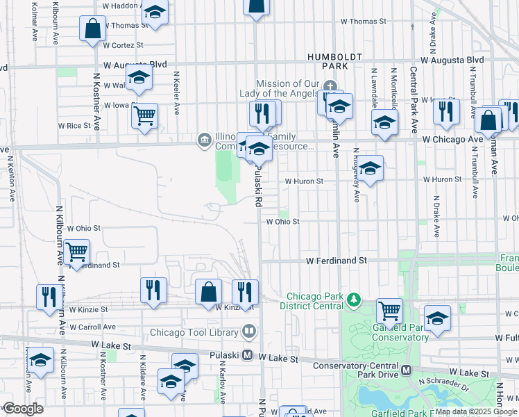 map of restaurants, bars, coffee shops, grocery stores, and more near 5914 West Ontario Street in Chicago