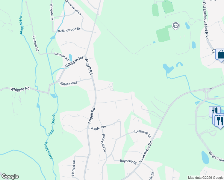 map of restaurants, bars, coffee shops, grocery stores, and more near 196 Angell Road in Lincoln