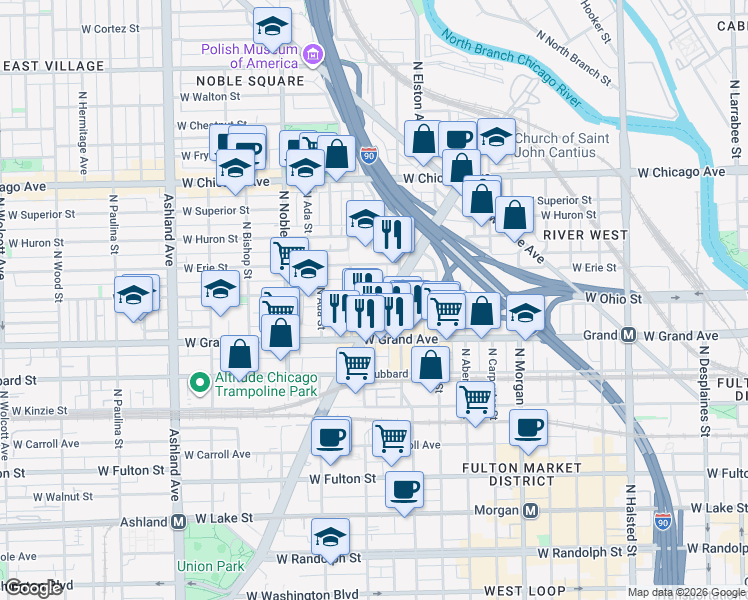 map of restaurants, bars, coffee shops, grocery stores, and more near 532 North Ogden Avenue in Chicago