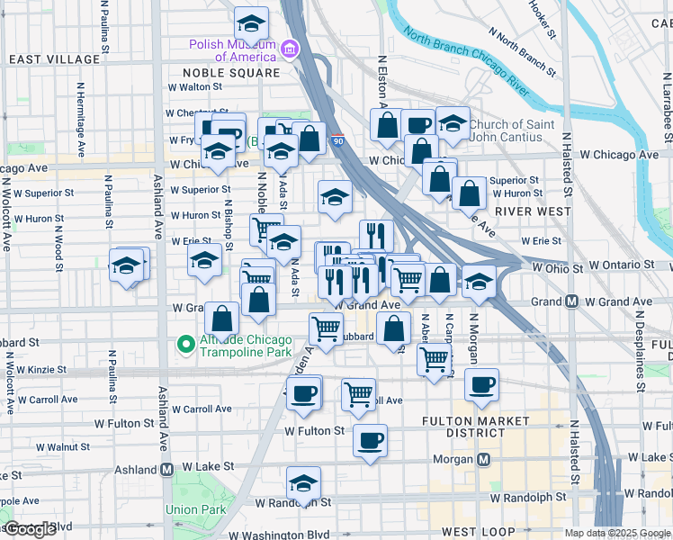 map of restaurants, bars, coffee shops, grocery stores, and more near 1235 West Ohio Street in Chicago