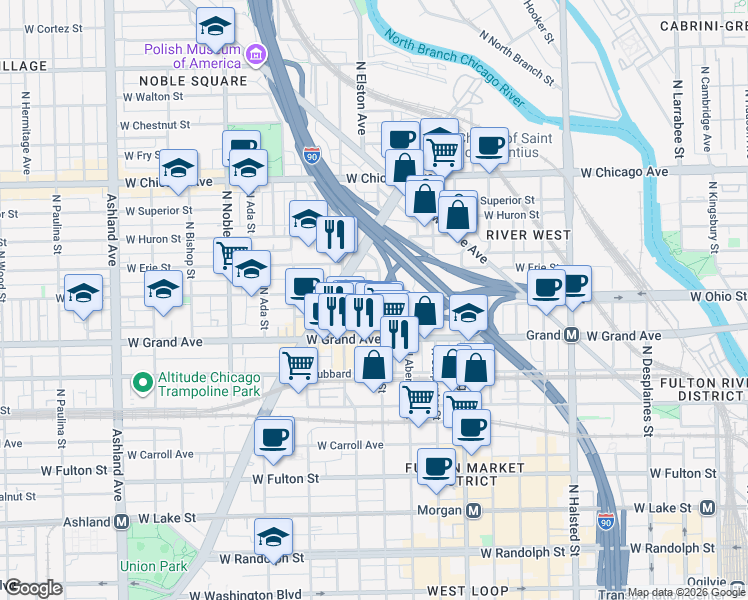 map of restaurants, bars, coffee shops, grocery stores, and more near 1123 West Ohio Street in Chicago