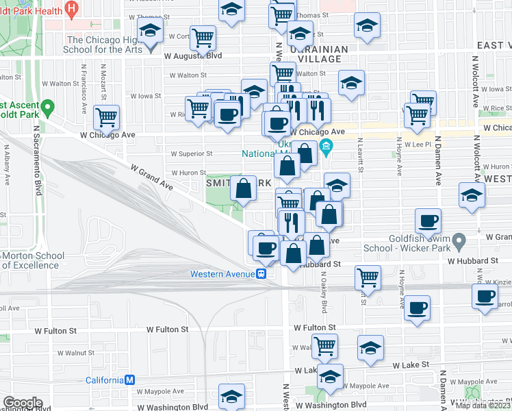 map of restaurants, bars, coffee shops, grocery stores, and more near 2440 West Ohio Street in Chicago