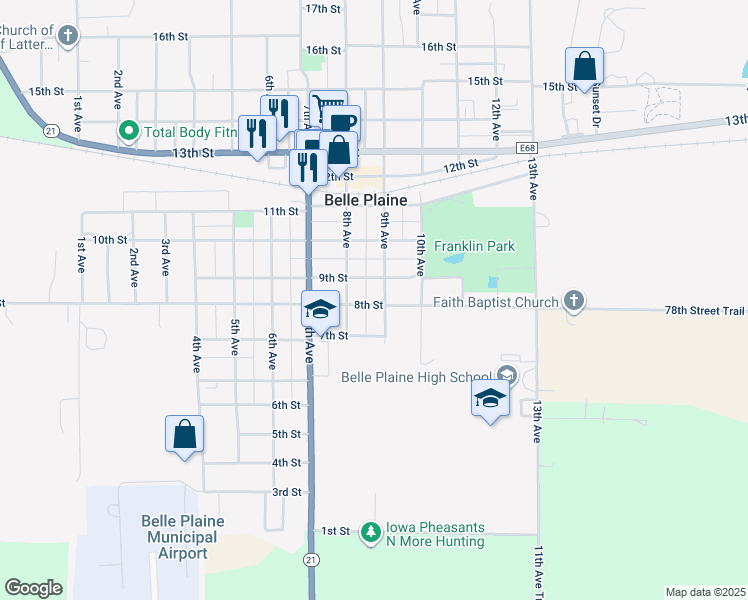 map of restaurants, bars, coffee shops, grocery stores, and more near 802 9th Avenue in Belle Plaine