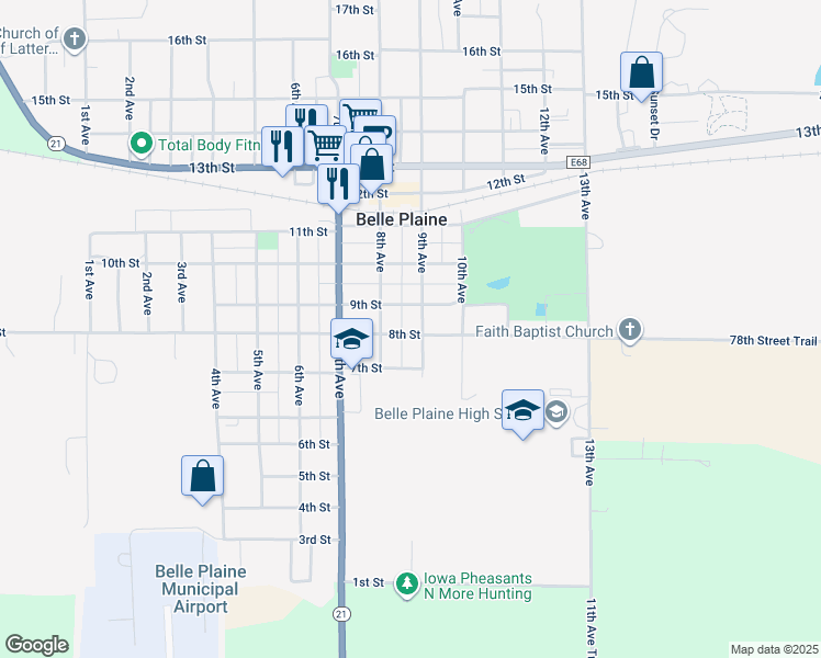 map of restaurants, bars, coffee shops, grocery stores, and more near 802 9th Avenue in Belle Plaine