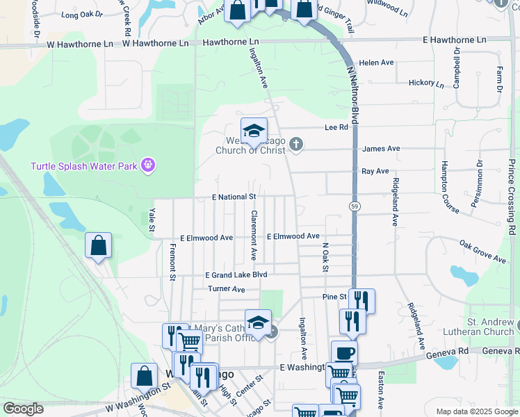 map of restaurants, bars, coffee shops, grocery stores, and more near 545 Claremont Avenue in West Chicago