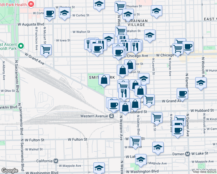 map of restaurants, bars, coffee shops, grocery stores, and more near 2446 West Ohio Street in Chicago