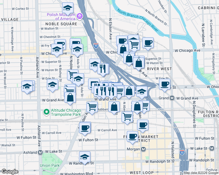 map of restaurants, bars, coffee shops, grocery stores, and more near 529 North Racine Avenue in Chicago