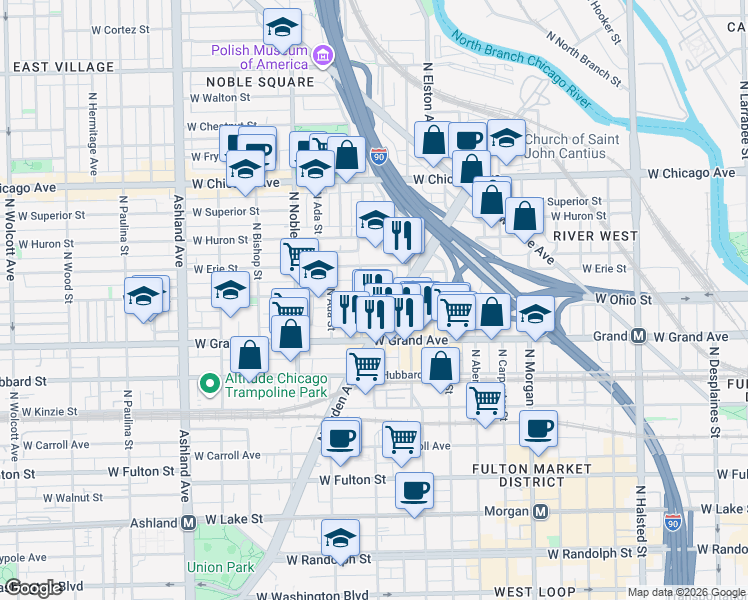 map of restaurants, bars, coffee shops, grocery stores, and more near 1239 West Ohio Street in Chicago