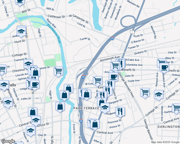 map of restaurants, bars, coffee shops, grocery stores, and more near 585 Fountain Street in Pawtucket