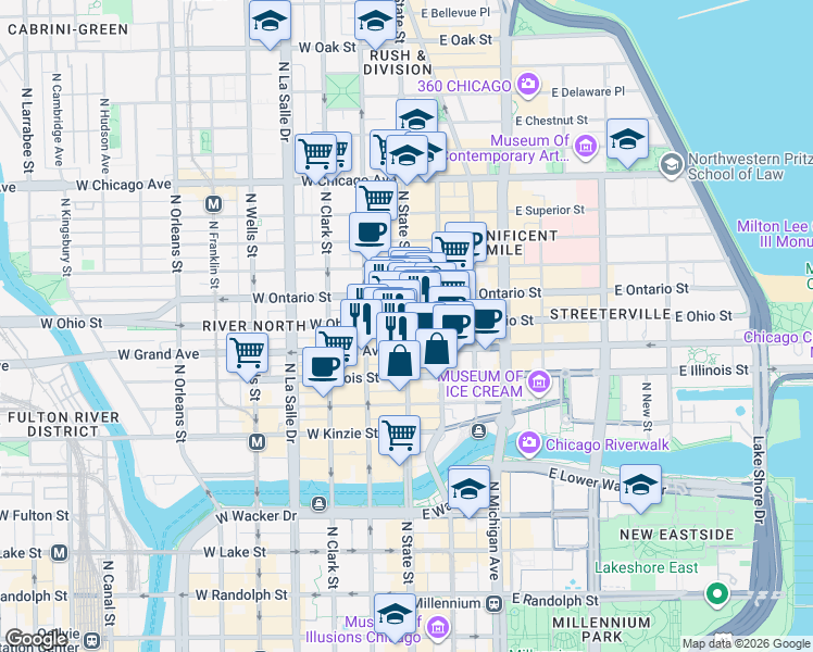 map of restaurants, bars, coffee shops, grocery stores, and more near 545 N State St in Chicago