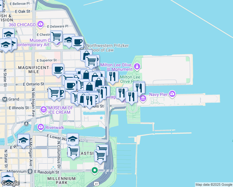 map of restaurants, bars, coffee shops, grocery stores, and more near 550 East Grand Avenue in Chicago