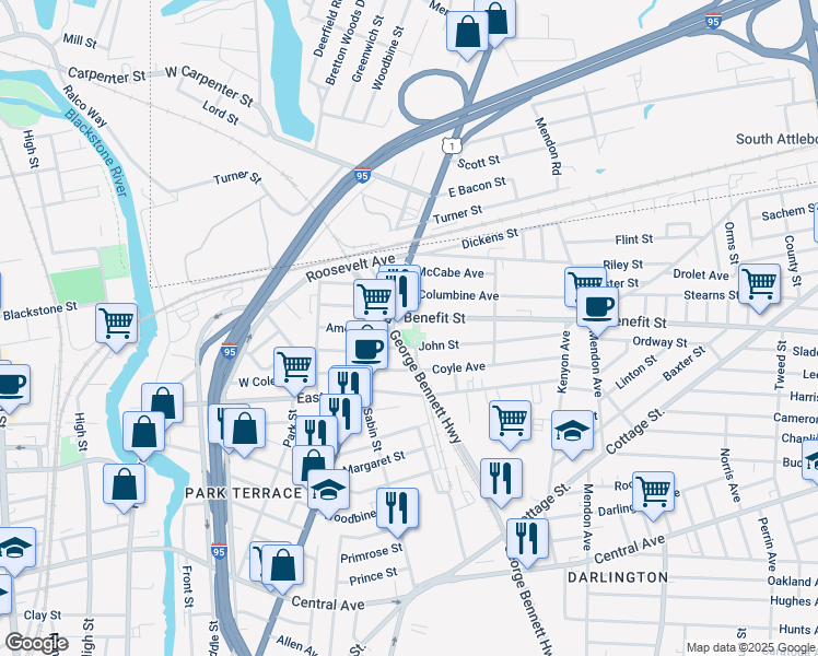 map of restaurants, bars, coffee shops, grocery stores, and more near 31 John Street in Pawtucket