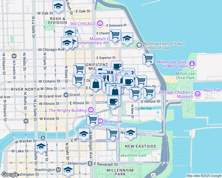 map of restaurants, bars, coffee shops, grocery stores, and more near 211 East Ohio Street in Chicago