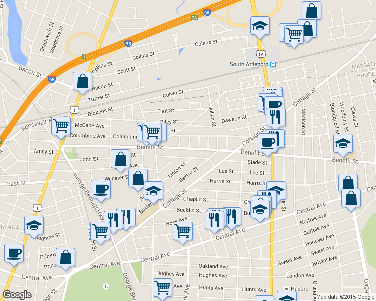 map of restaurants, bars, coffee shops, grocery stores, and more near 66 Ordway Street in Pawtucket