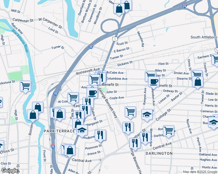 map of restaurants, bars, coffee shops, grocery stores, and more near 60 John Street in Pawtucket