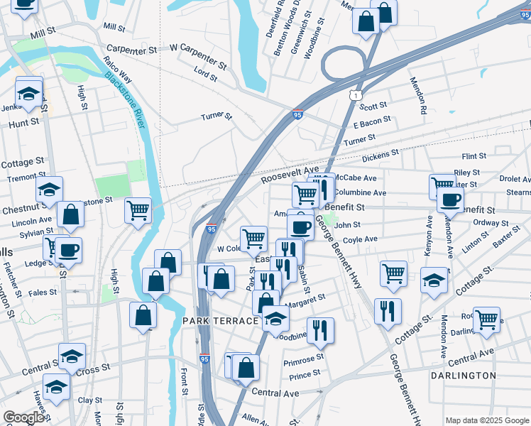 map of restaurants, bars, coffee shops, grocery stores, and more near 62 Appleton Avenue in Pawtucket