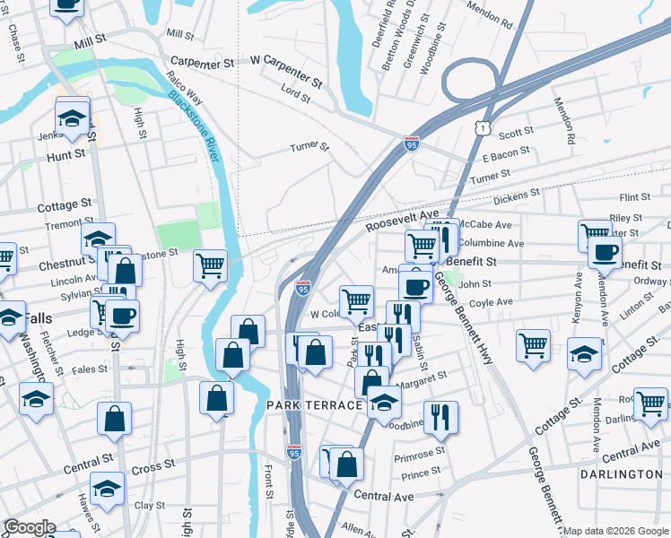 map of restaurants, bars, coffee shops, grocery stores, and more near 585 Fountain Street in Pawtucket