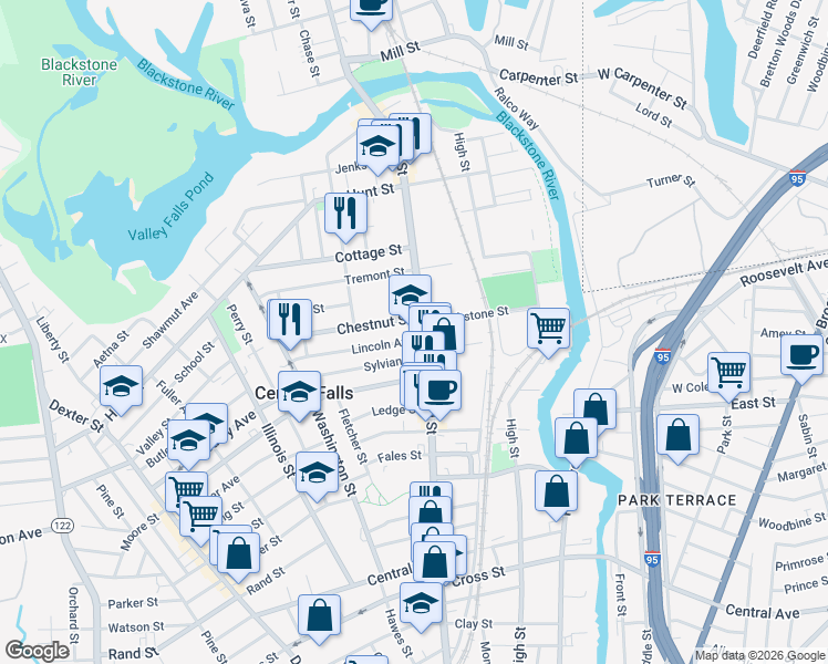 map of restaurants, bars, coffee shops, grocery stores, and more near 14 Lincoln Avenue in Central Falls