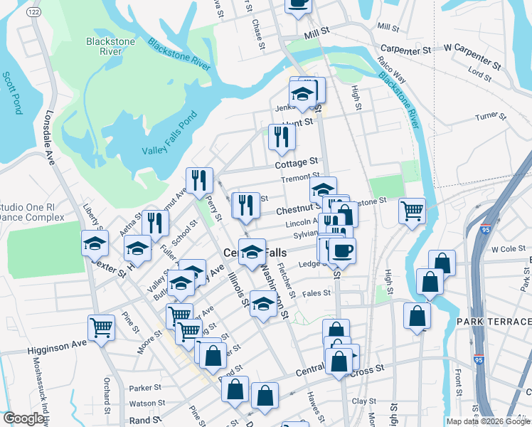 map of restaurants, bars, coffee shops, grocery stores, and more near 111 Lincoln Avenue in Central Falls