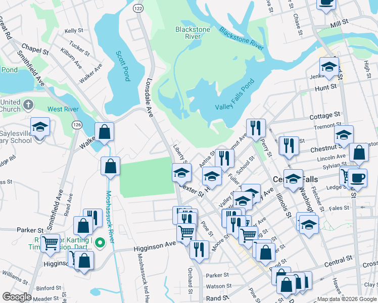 map of restaurants, bars, coffee shops, grocery stores, and more near 99 Liberty Street in Central Falls