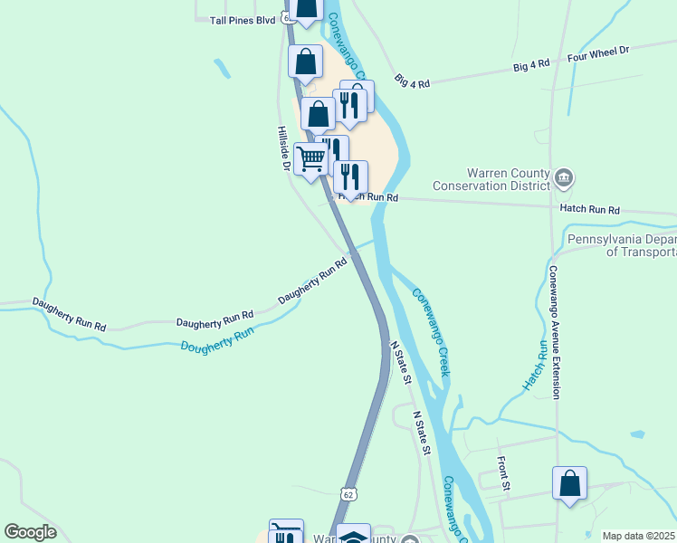 map of restaurants, bars, coffee shops, grocery stores, and more near 11-15 Daugherty Run Rd in Warren
