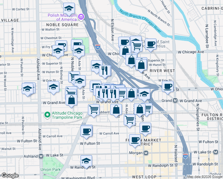 map of restaurants, bars, coffee shops, grocery stores, and more near 529 North Racine Avenue in Chicago