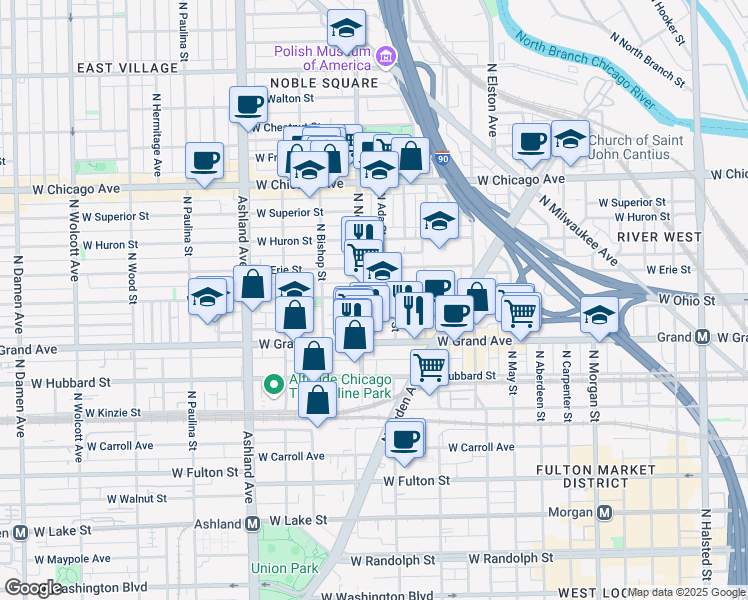 map of restaurants, bars, coffee shops, grocery stores, and more near 528 North Ada Street in Chicago