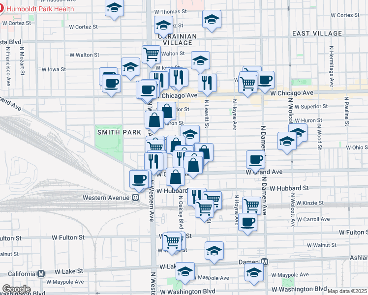 map of restaurants, bars, coffee shops, grocery stores, and more near 2233 West Ohio Street in Chicago