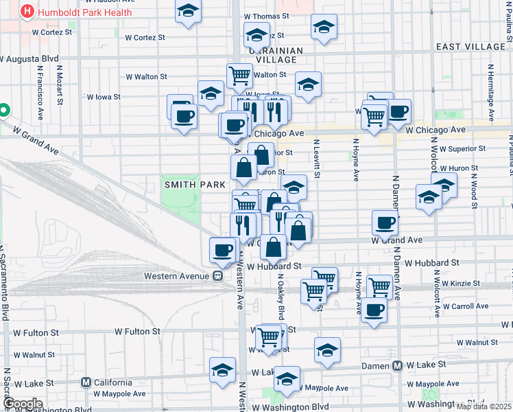 map of restaurants, bars, coffee shops, grocery stores, and more near 536 North Claremont Avenue in Chicago