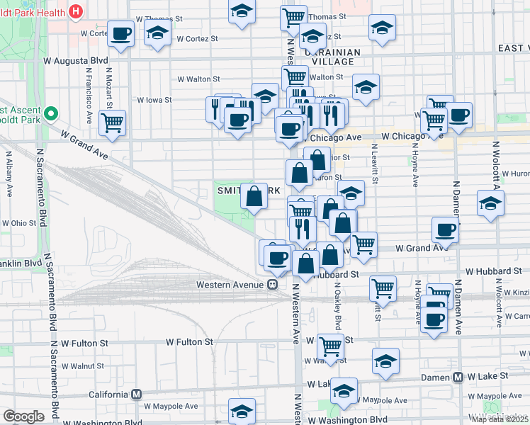 map of restaurants, bars, coffee shops, grocery stores, and more near 556 North Artesian Avenue in Chicago
