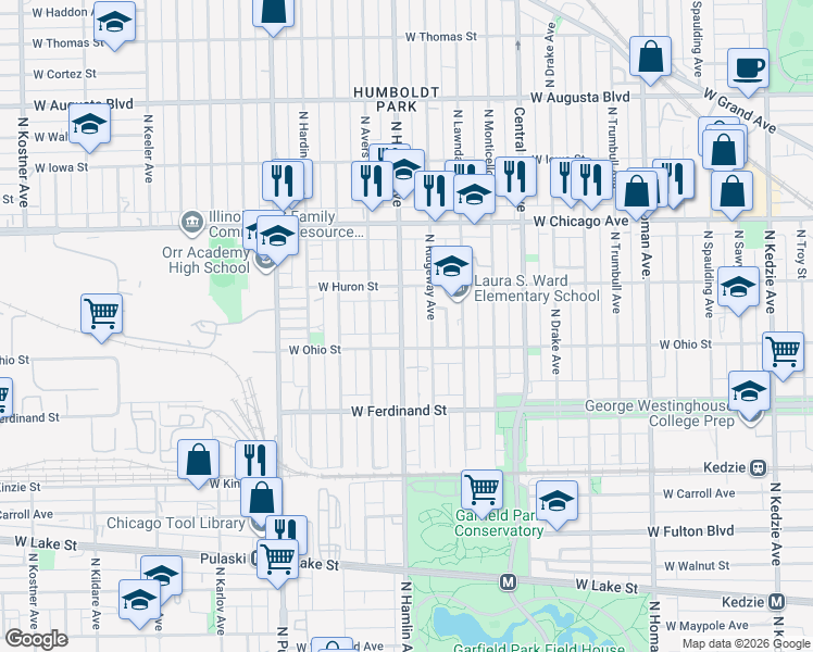 map of restaurants, bars, coffee shops, grocery stores, and more near 3806 West Ohio Street in Chicago