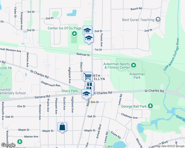 map of restaurants, bars, coffee shops, grocery stores, and more near in DuPage County