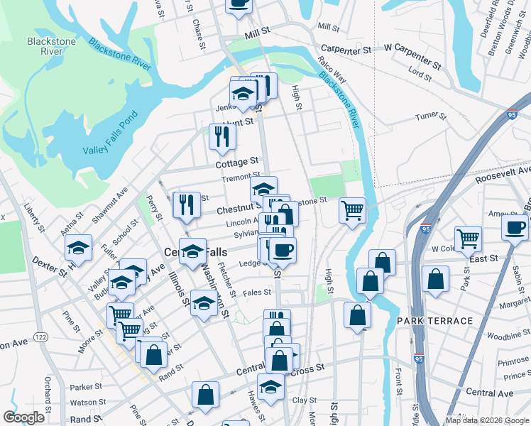 map of restaurants, bars, coffee shops, grocery stores, and more near 21 Lincoln Avenue in Central Falls