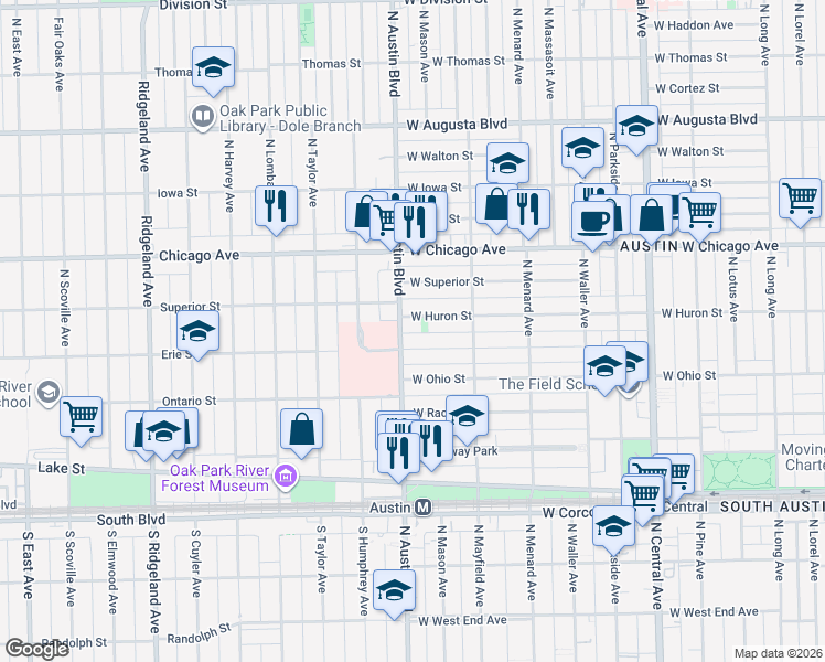 map of restaurants, bars, coffee shops, grocery stores, and more near 5940 West Erie Street in Chicago