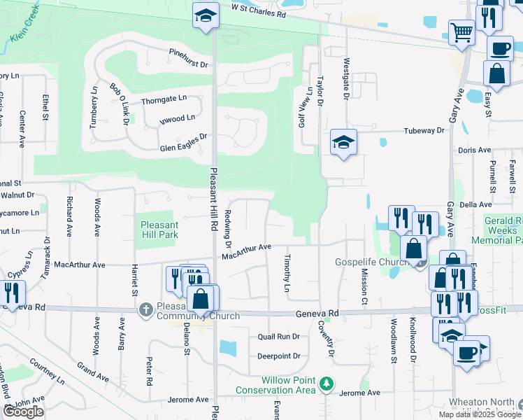map of restaurants, bars, coffee shops, grocery stores, and more near 245 Blue Jay Court in Carol Stream