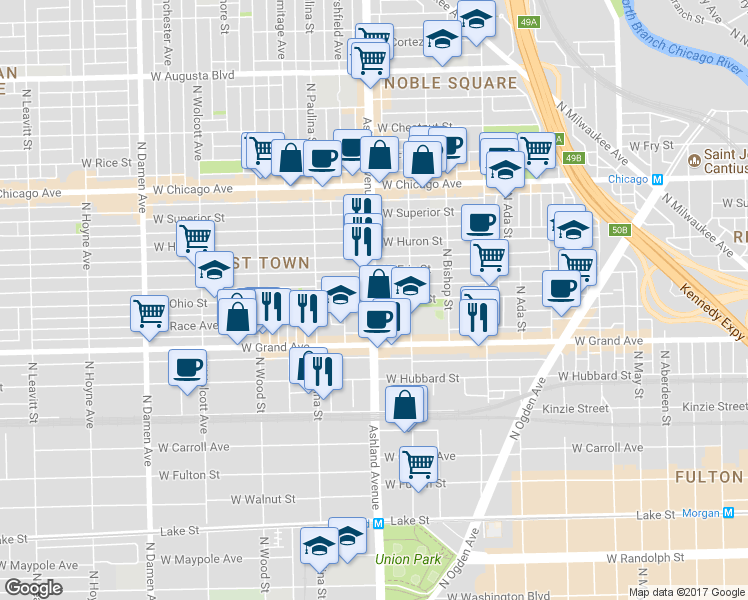 map of restaurants, bars, coffee shops, grocery stores, and more near N Ashland Ave & W Ohio St in Chicago