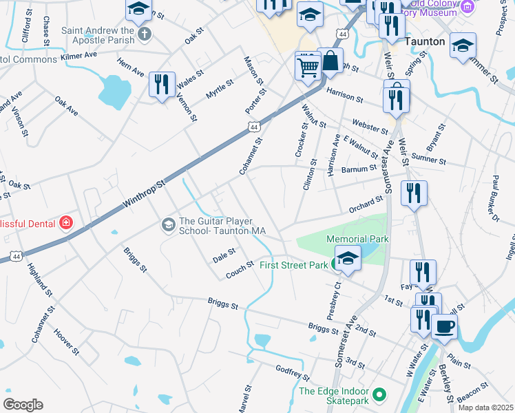 map of restaurants, bars, coffee shops, grocery stores, and more near 25 West Weir Street in Taunton