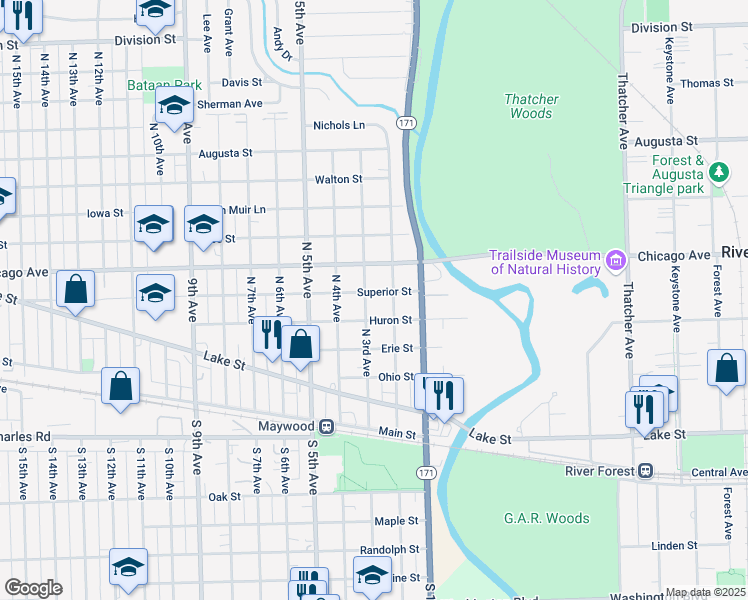map of restaurants, bars, coffee shops, grocery stores, and more near 515 North 3rd Avenue in Maywood