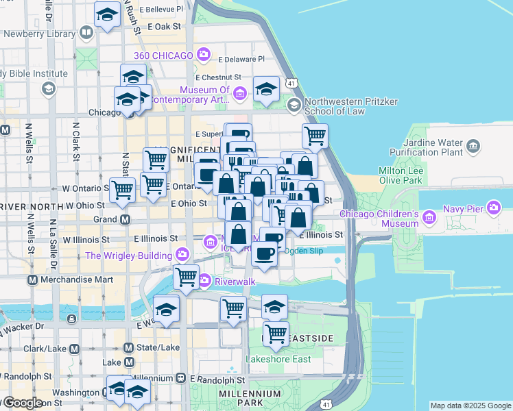 map of restaurants, bars, coffee shops, grocery stores, and more near 541 North Fairbanks Court in Chicago