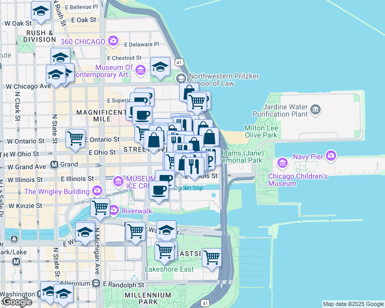 map of restaurants, bars, coffee shops, grocery stores, and more near 431 East Ohio Street in Chicago